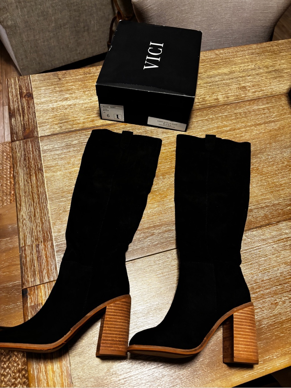 VICI Black Suede Mid-Calf Block Heel Boots - Black Size 6
